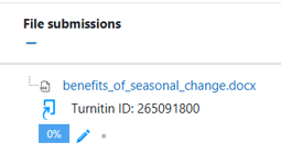 Shows a file submission to an assignment activity in Moodle where the Turnitin similarity score is displayed and the pencil icon is available for launching the Turnitin Feedback Studio.